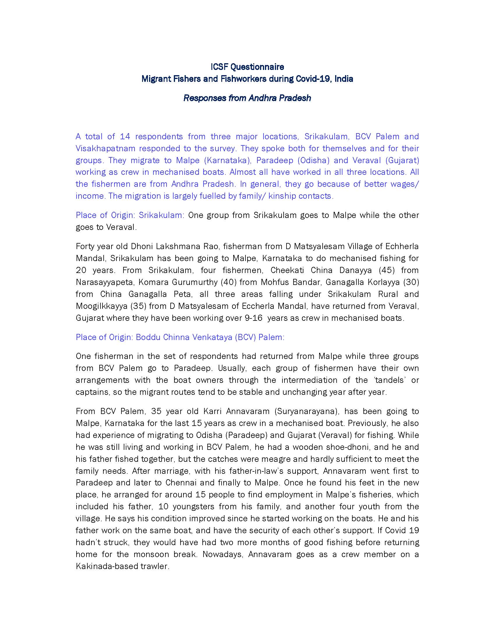 ICSF’s Questionnaire: Migrant fishers and fishworkers during Covid-19, India – Responses from Andhra Pradesh