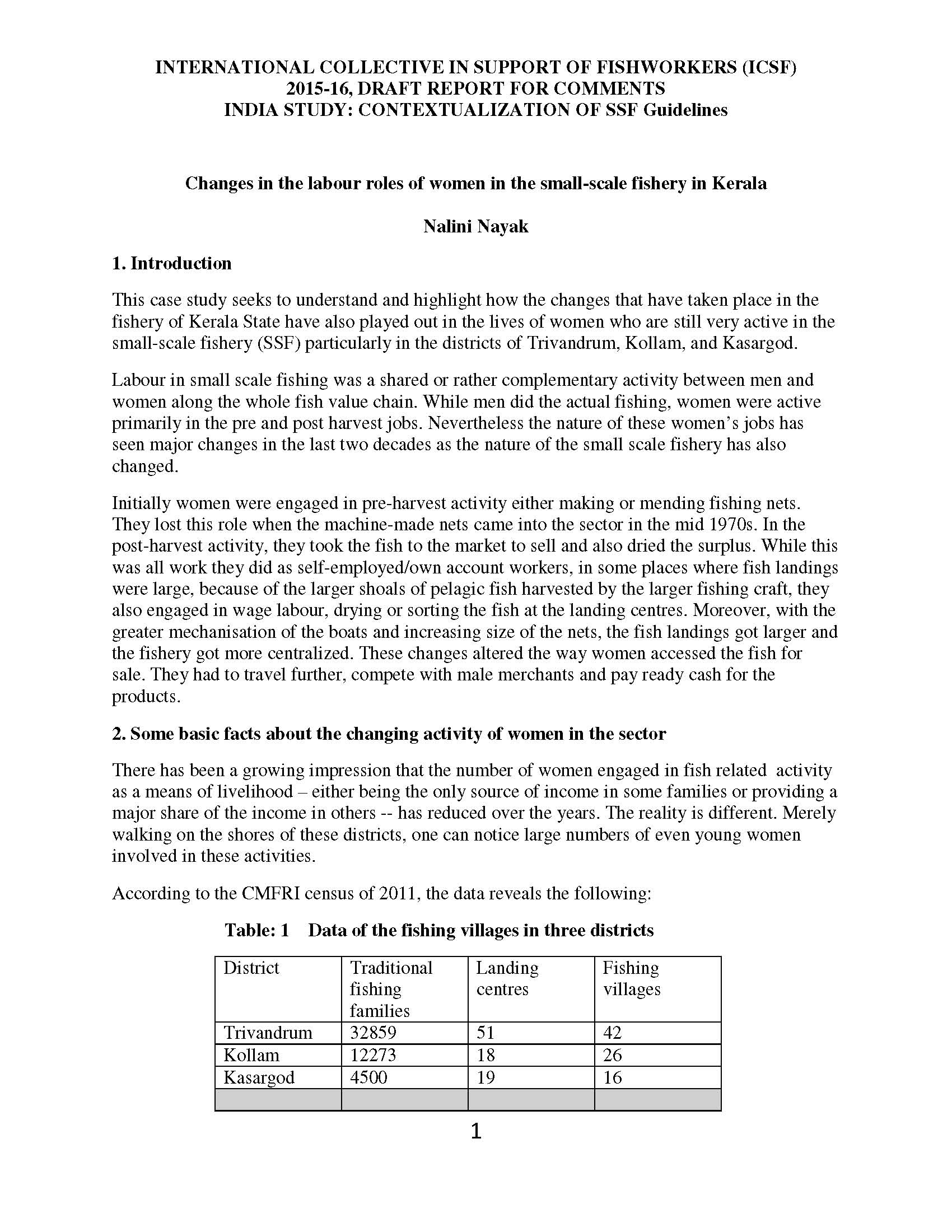 Changes in the labour roles of women in the small-scale fishery in Kerala