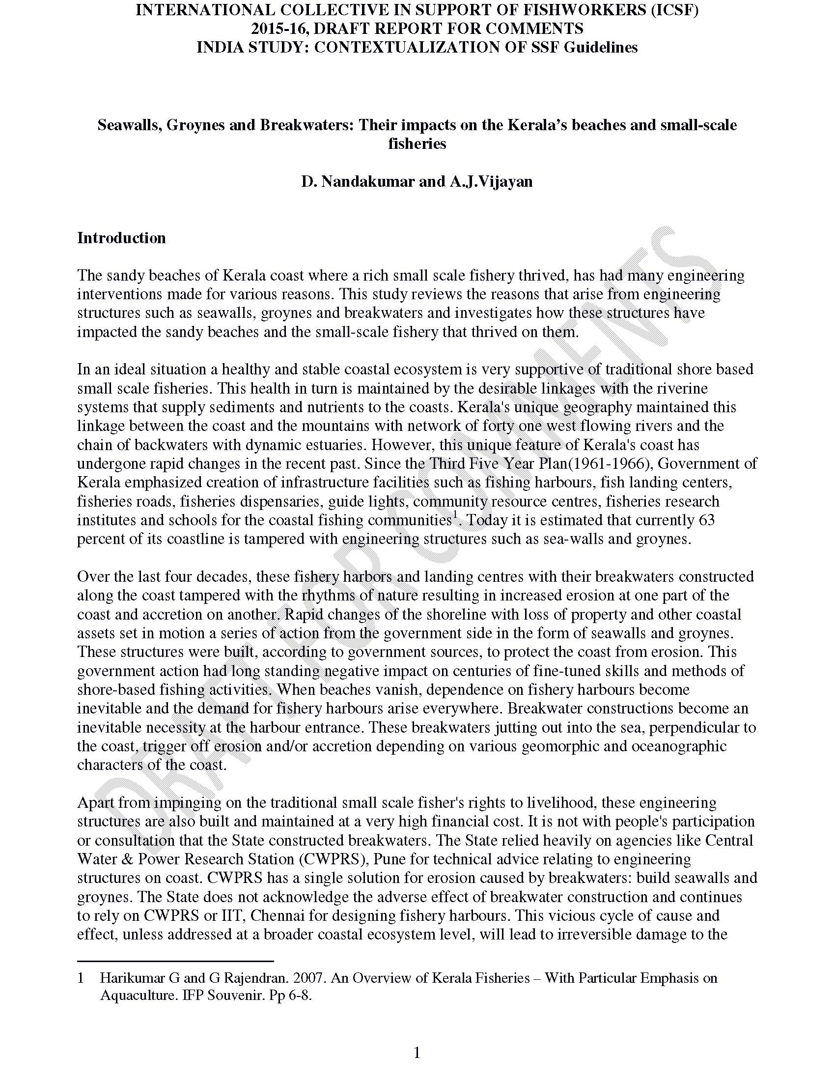 Seawalls, Groynes and Breakwaters: Their impacts onthe Kerala’s beaches and small-scale fisheries
