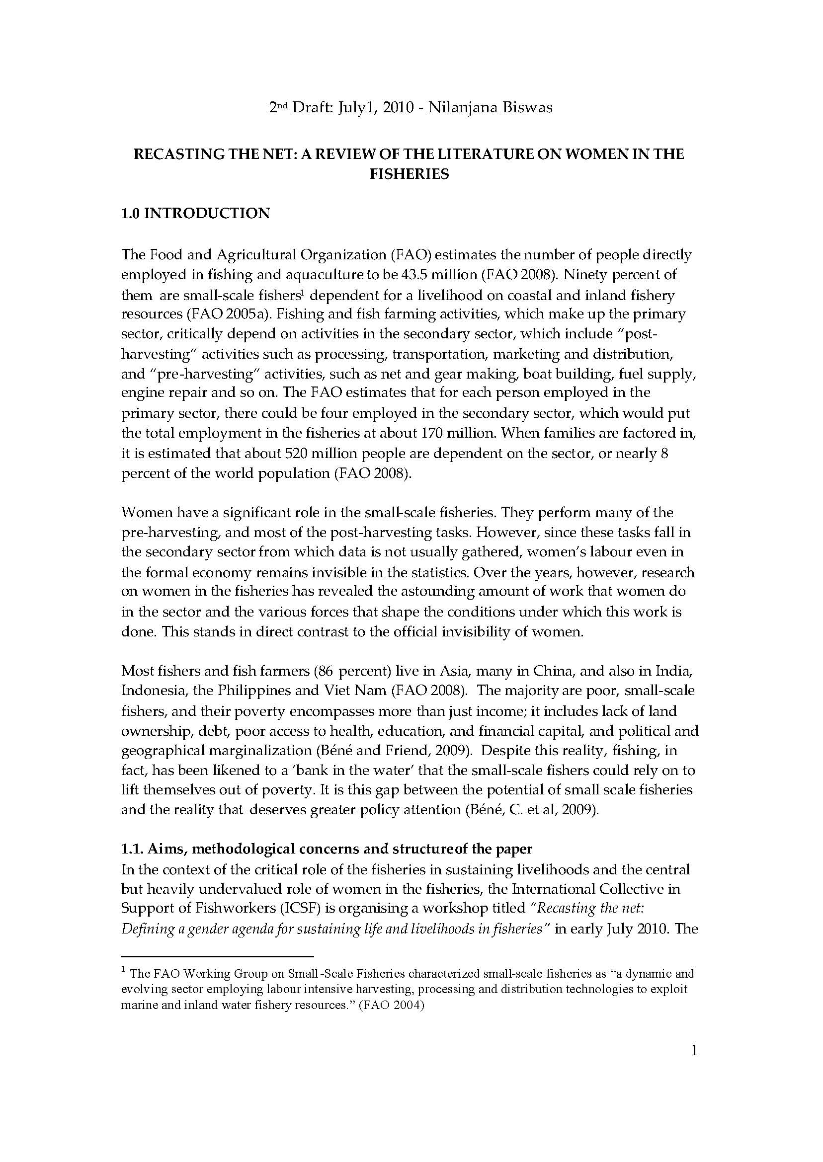 Recasting the Net: A Review of the Literature on Women In The Fisheries 2nd Draft: July 1, 2010